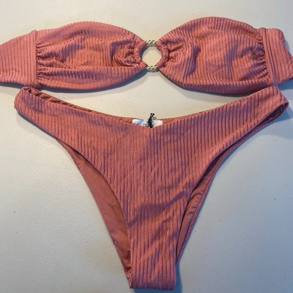 ONIA 2-PIECE BIKINI SWIM SUIT SHIMMER RIB DUSTY ROSE WOMENS M/L - Picture 4 of 8